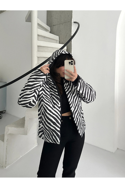 Pullaps Kapşonlu Fermuarlı Cepli Şişme Mont Zebra