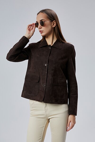 KENDE Evelyn Buttoned Women's Genuine Leather Brown Suede Jacket