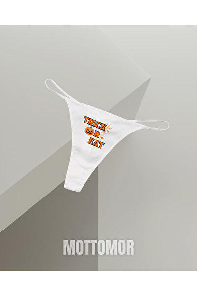 MOTTOMOR String Pamuklu Tanga Kadın İpli Lastikli Cadılar Bayramı Halloween Yazılı Baskılı Model