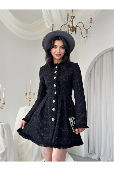 Masspera Uzun Kollu Düğmeli Zenoa Mini Kloş Tüvit Elbise