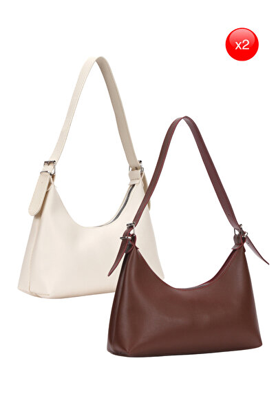 Adelina Bags 2'li Çanta Paketi Kadın Baget Günlük Krem ve Bordo El ve Omuz Ça...