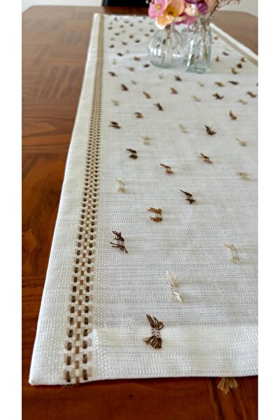 homease Linen Look Embroidery Detailed Tasseled Gardenia Fabric Runner | Machine Washable Runner