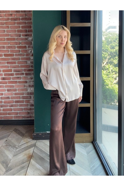 BRN Butik Kadın Krem Düz Kesim Uzun Kollu Saten Gömlek