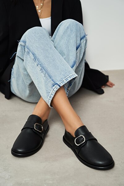 NİŞANTAŞI SHOES Pantofi de damă Cyrus din piele naturală neagră, cu cataramă, cu talpă plată