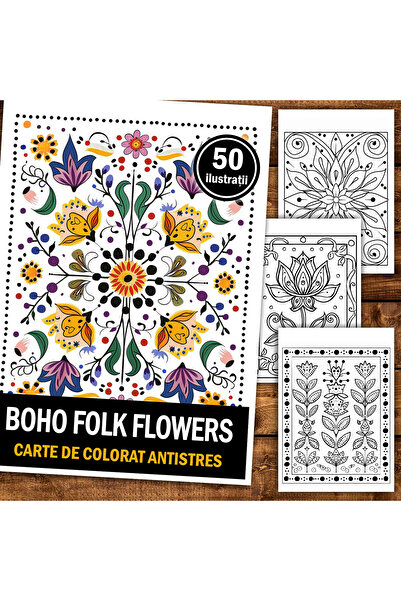 Legendary Gifts Книга за рисуване, 50 илюстрации Бохо фолклорни цветя