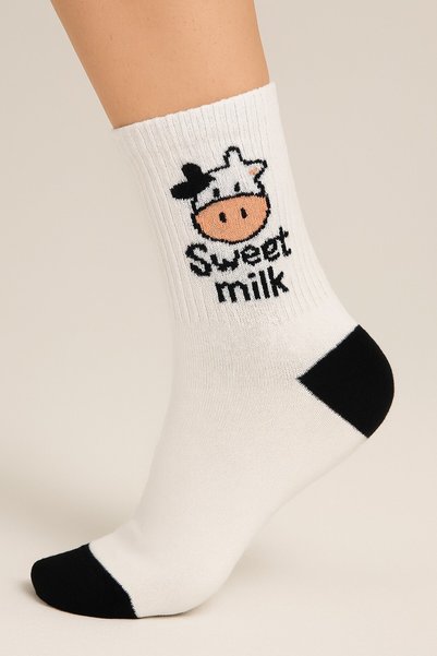 Özpek Giyim Cow Patterned Black and White Cotton College Socks Set -12 Pieces