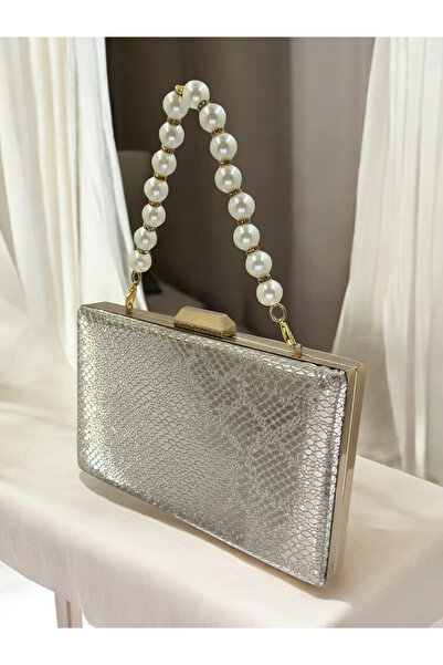Biçanta Gold Imported Snake Laser Glitter Patterned Pearl Detailed Evening Dress Bag