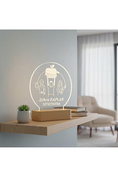 HeavenlyScarfs Kişiye Özel Diyetisyen Işıklı Pleksi – LED Masa Lambası, Ahşap...