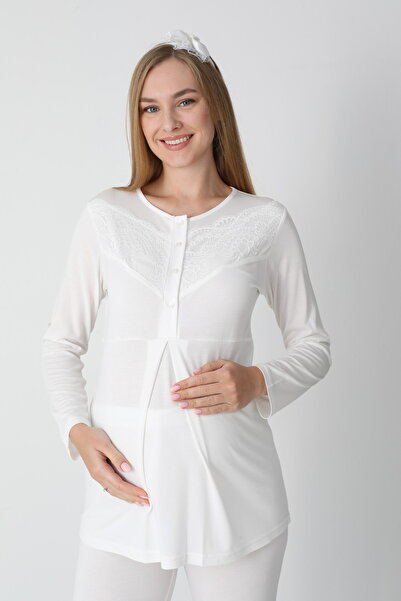 Lohussa Women's Ecru Jacquard Shawl Collar Lace Winter Special Design Maternity Pajama Set