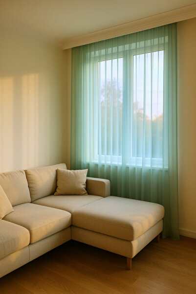 Ran Perde Çocuk Odası Dökümlü Düz Tül Perde - Mint Yeşil - Pileli Dikim 1x2,5...