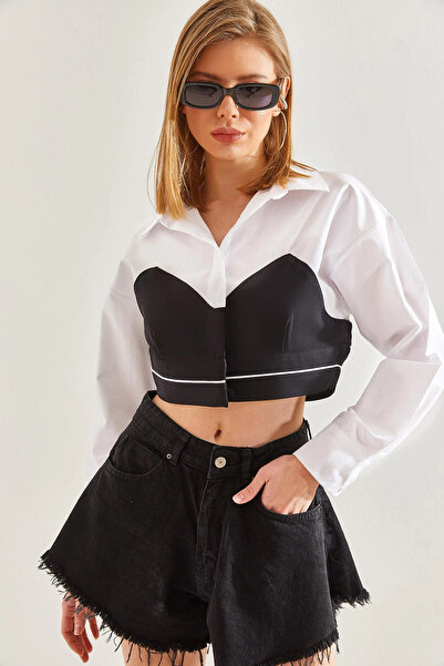 Vivis ContrastFit Siyah-Beyaz Korse Detaylı Gömlek