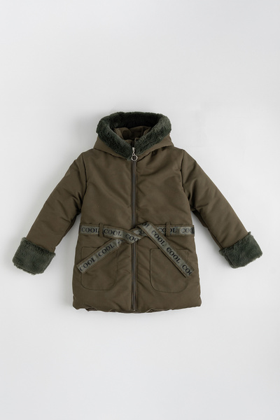 Enucuzburası Kız Çocuk Haki Kürklü Kalın Kaban – “COOL” Detaylı, Fermuarlı, K...
