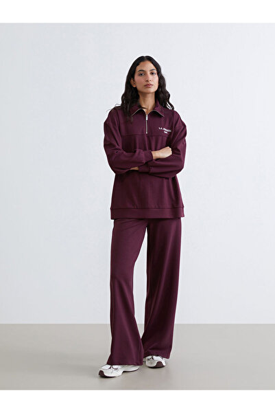 LC Waikiki Plum Mock Neck Embroidered Oversized Women's Sweatshirt Tunic