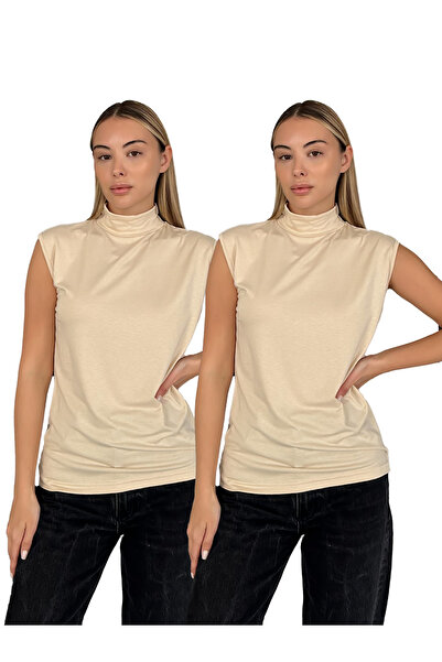 RDK Giyim Women's Zero Sleeve High Neck Bodysuit Set of 2 - Beige