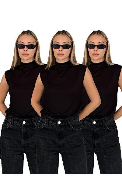 RDK Giyim Women's Zero Sleeve High Neck Bodysuit 3-Piece Set - Black