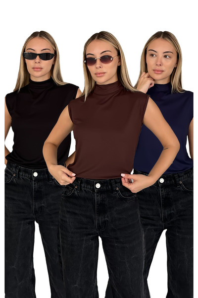 RDK Giyim Дамски комплект от 3 броя без ръкави с обло деколте - черен, кафяв,...