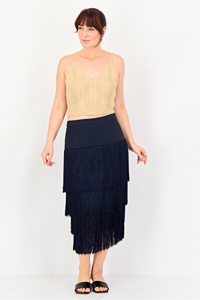 femi9 Women Fringes Midi Skirt, Navy