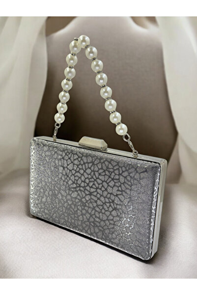 Biçanta Platinum Imported Glitter Patterned Pearl Handle Women's Evening Dress Bag