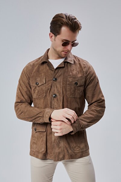 KENDE Men's Safari Buttoned Genuine Leather Milk Brown Suede Jacket