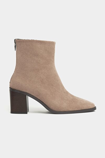 NİŞANTAŞI SHOES Casey Dark Beige Suede Back Zipper Detail Women's Heeled Boots