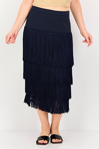 femi9 Women Fringes Midi Skirt, Navy