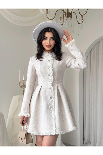 Mostpera Uzun Kollu Düğmeli Zenoa Mini Kloş Tüvit Elbise