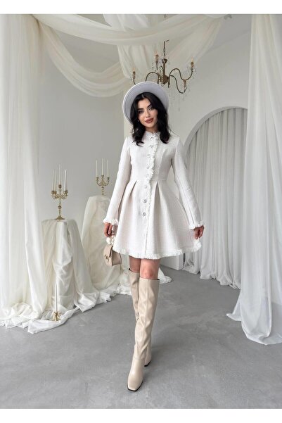 Mostpera Uzun Kollu Düğmeli Zenoa Mini Kloş Tüvit Elbise