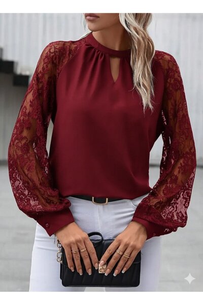 babatr.com Women's long sleeve lace-trimmed sandy blouse with round neck