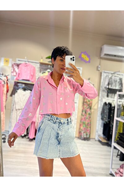 Tamor Butik Tasarım Asimetrik Taş Baskılı Crop Gömlek