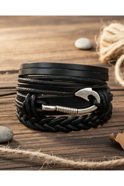 E&F Takı 3-Piece Leather Bracelet Adjustable Genuine Leather Bracelet with Ho...