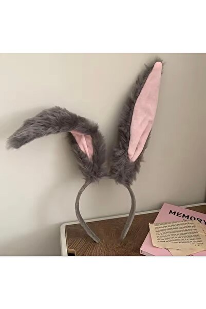 DennisEylul Tavşan Kulak Gri Renk Tüylü Parti Aksesuarı