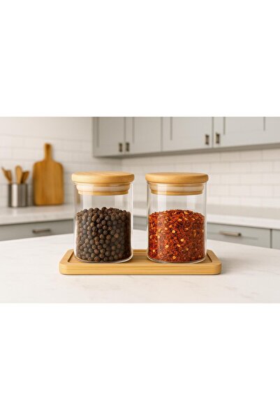 Noah Exclusive 2 Li 300 ml Spice Jar Set - with Bamboo Base - with Bamboo Silicone Lid