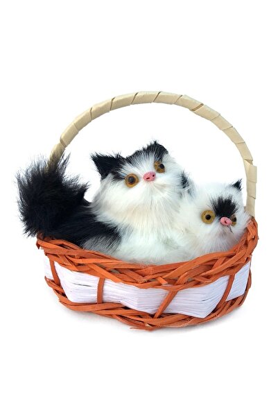 velve Pisica decorativa cu pui si sunete realiste, in cos din rachita, 14x11 cm