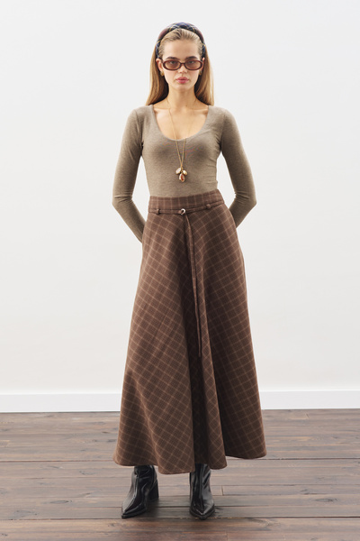 Manuka EKOSE DESENLİ GENİŞ ETEK KAHVERENGİ