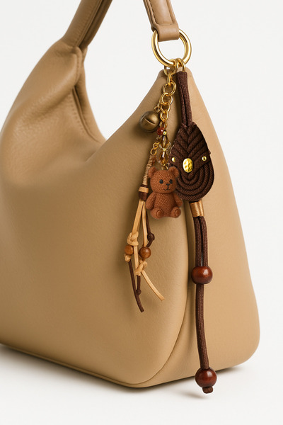 She Sells تعليقة حقيبة مزينة بدب بني من الباراكورد والخيوط الجلدية - صناعة يدوية