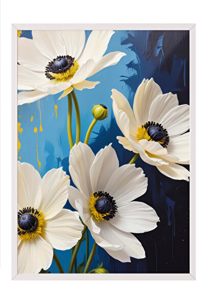 Zestia Tablou înrămat alb, margarete albe pe fundal albastru - floare vibrant...