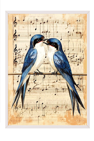 Zestia Tablou înrămat alb, Două păsări pe note muzicale – Muzică romantică, P...