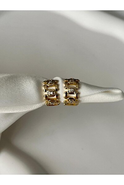 yeknova Xuping 14K Gold Rengi Kuyumcu İşçiliği Kareli Modern Tasarım Taş Detay Kararmaz Kadın Halka Küpe