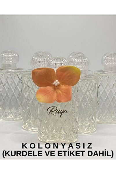 MayaArtDesign (40 ADET) Turuncu Çiçekli - Etiketli Mika Plastik Baklava Boş Kolonya Şişesi (50cc - Tıpa+Kapak)