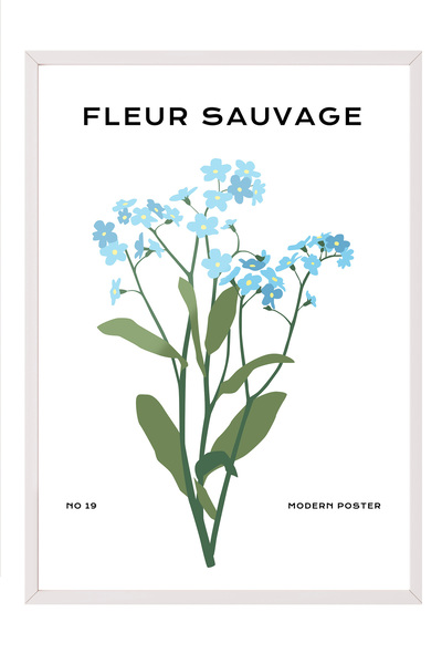 Zestia Tablou în ramă albă, Ramuri de flori albastre – Botanică minimalistă, ...