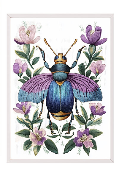 Zestia Tablou înrămat alb, insecte și flori mov - Natură vintage, poster deco...