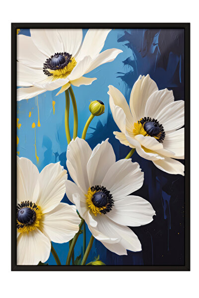 Zestia Tablou înrămat negru, margarete albe pe fundal albastru - floare vibra...
