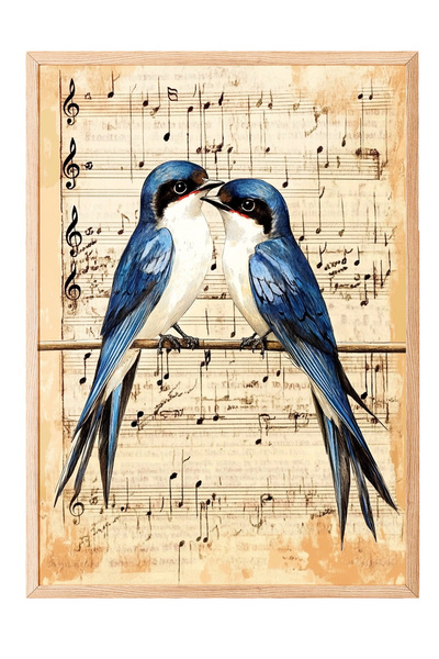 Zestia Tablou înrămat pe lemn, Două păsări pe note muzicale – Muzică romantic...