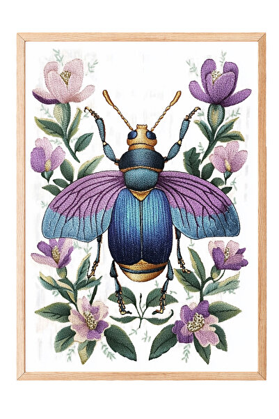 Zestia Tablou înrămat în lemn, insecte și flori mov - Natură vintage, poster ...