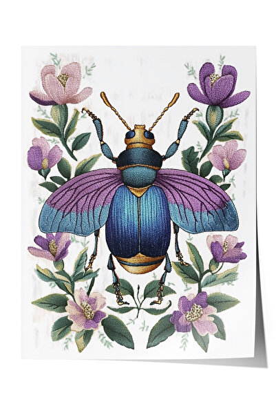 Zestia Poster fără ramă, insecte și flori mov - Natură vintage, poster decora...