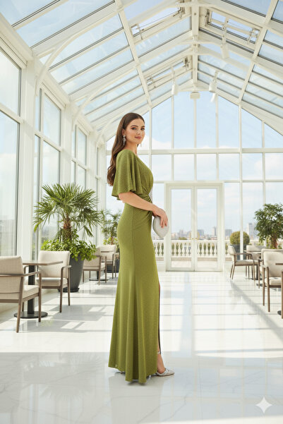 Robes Simli Kelebek Kol V Yaka Taş Detaylı Uzun Yeşil Abiye Elbise-877