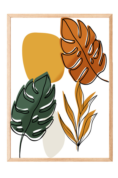 Zestia Tablou cu ramă din lemn, frunze portocalii și verzi – Poster abstract ...