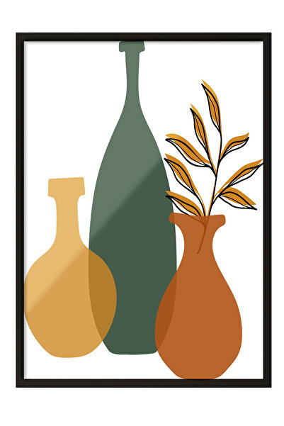 Zestia Tablou cu ramă neagră, vaze și plante din ceramică – Natură moartă, Po...