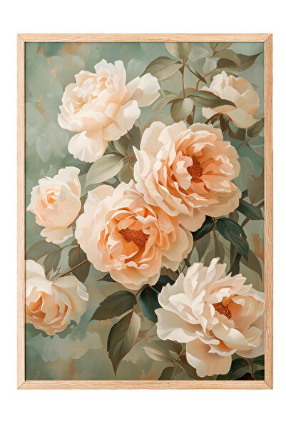 Zestia Ahşap Çerçeveli Tablo, Somon Renkli Güller – Pastel Çiçekler, Yatak Od...