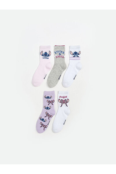 LC Waikiki Rmz Gi̇yi̇m Farkiyla Stitch Embroidered Girls' Socks 5-Piece Set